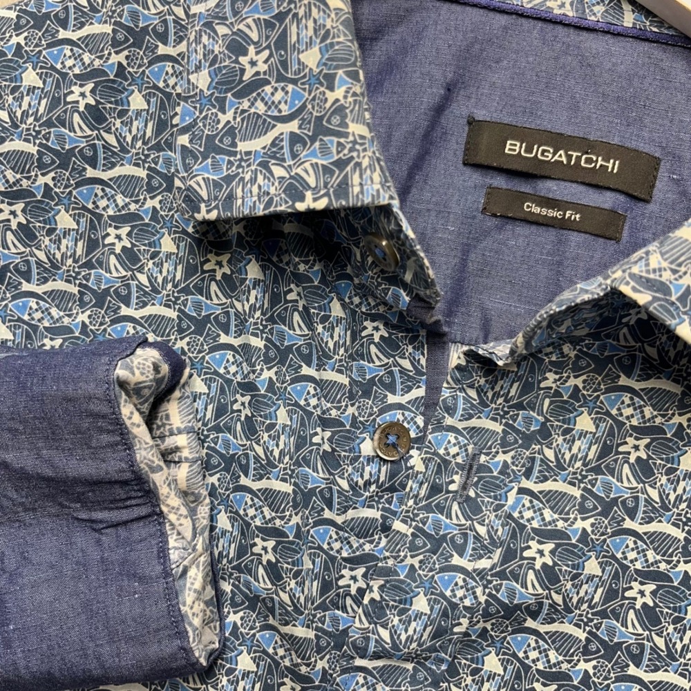 Bugatchi Men Classic Fit Blue White Fish Starfish Nautical Cotton Shirt XL 30x23